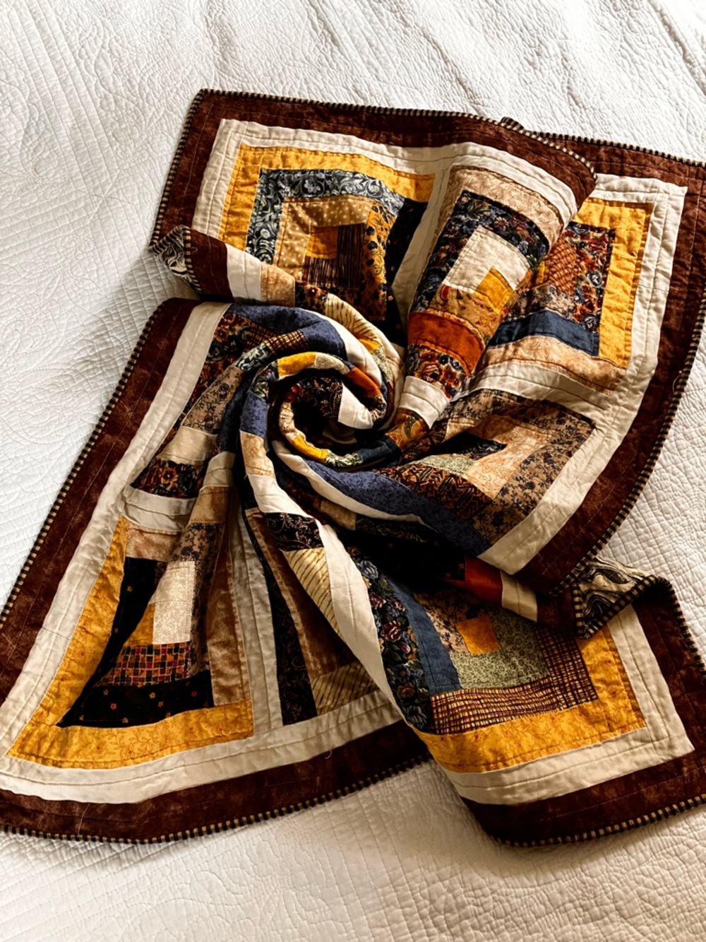 Handmade Quilted Throw Blanket in Brown, Gold & Cream